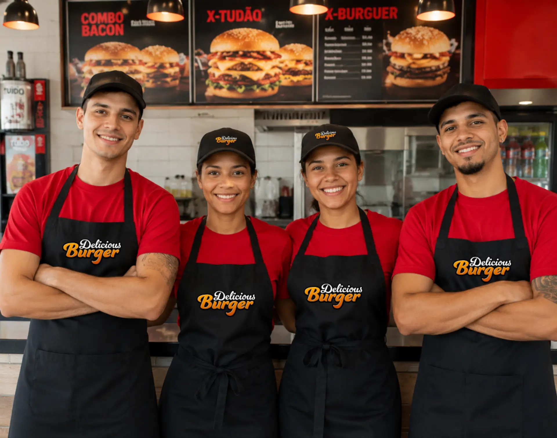 Equipe de restaurante usando camisetas vermelhas, aventais e bonés pretos personalizados