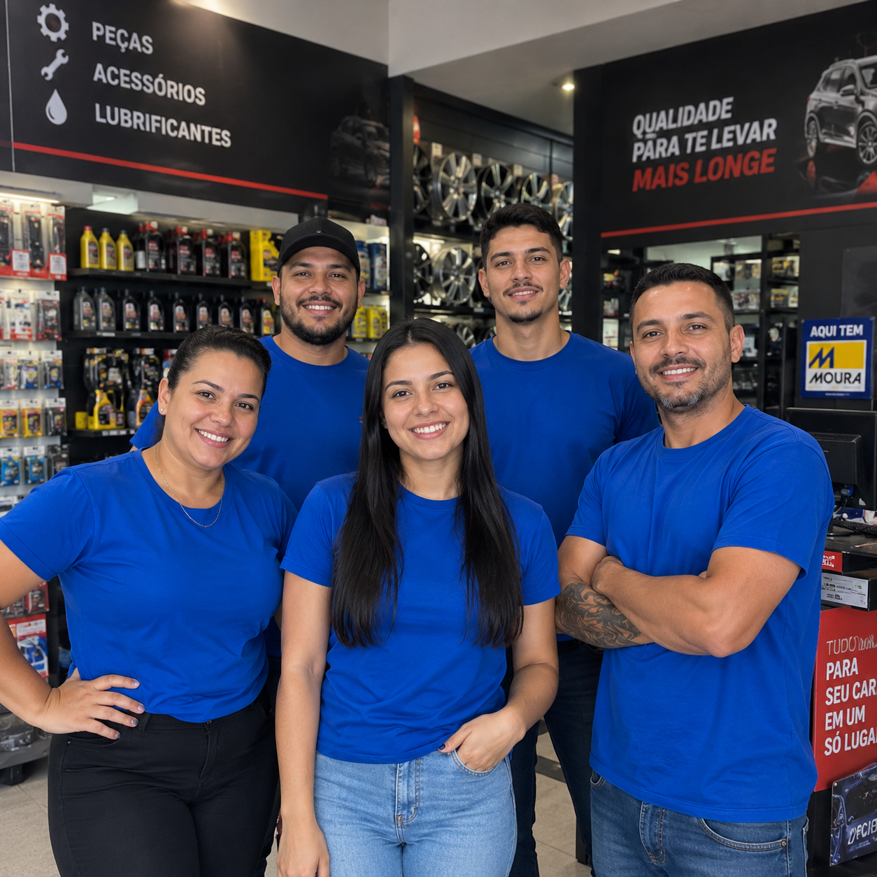 Equipe de loja usando camisetas azuis de malha fria P.V