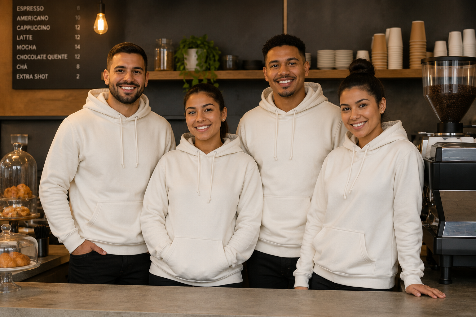 Equipe de cafeteria usando moletons de inverno personalizados