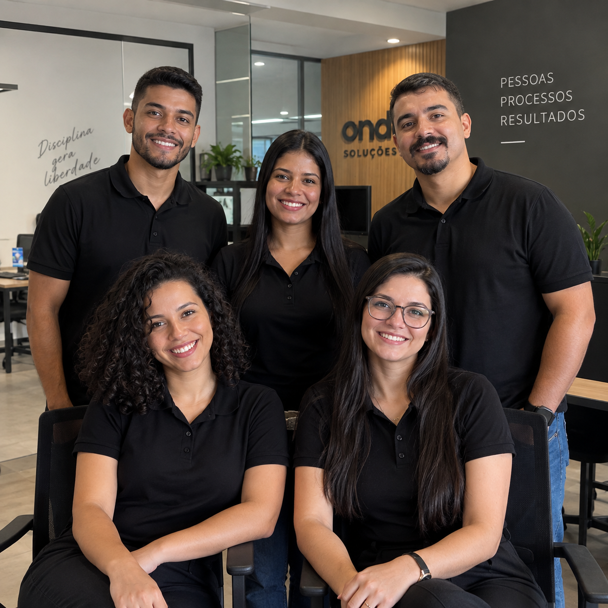 Equipe corporativa usando camisas polo pretas em escritório moderno