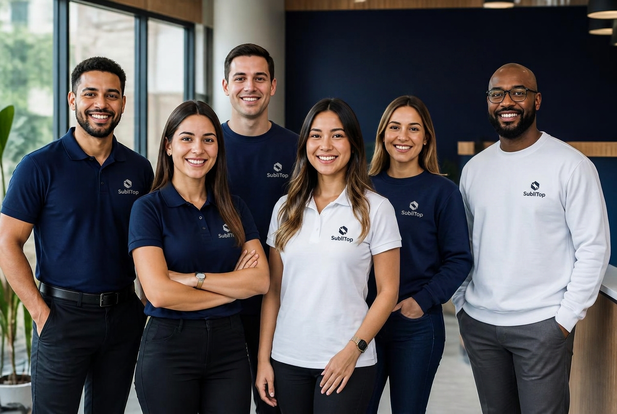 Equipe corporativa vestindo uniformes personalizados SubliTop: polos azul-marinho, polo branca e moletons sem capuz